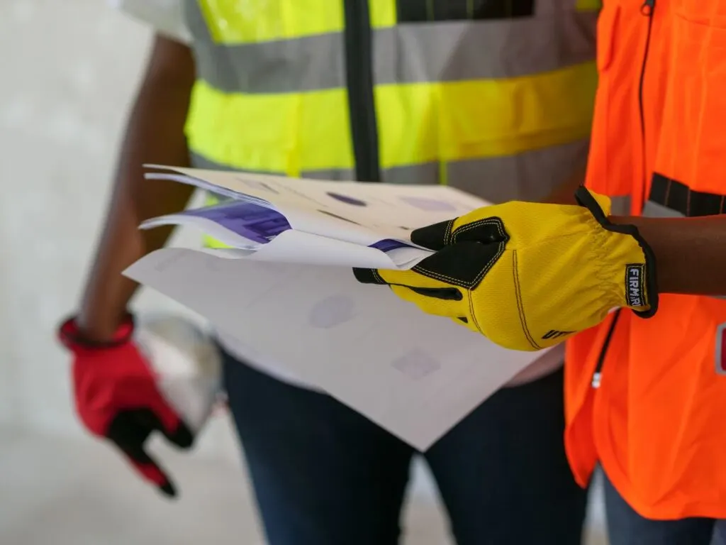 Dwie osoby w kamizelkach ostrzegawczych i rękawicach roboczych przeglądają dokumenty techniczne.