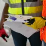 Dwie osoby w kamizelkach ostrzegawczych i rękawicach roboczych przeglądają dokumenty techniczne.