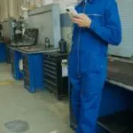 Mechanik w niebieskim kombinezonie z telefonem w ręku, w tle stoły warsztatowe z narzędziami.